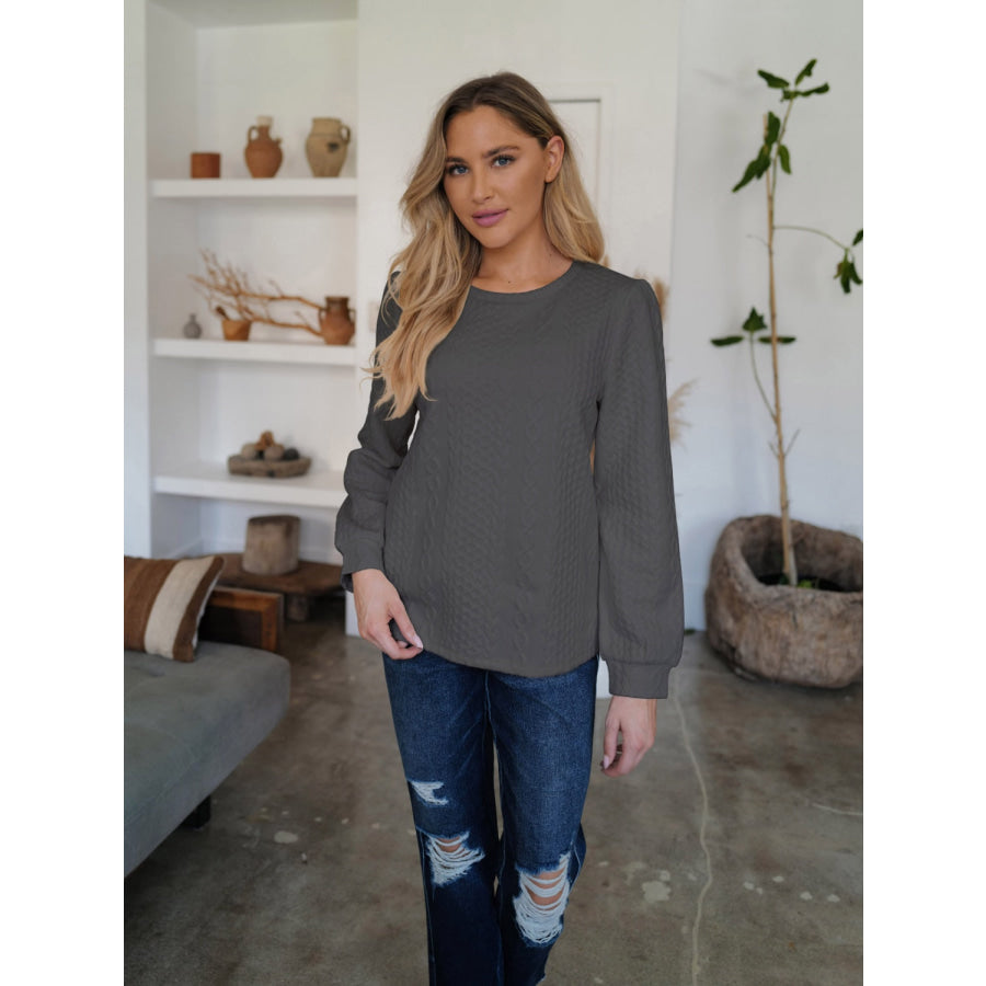 Textured Round Neck Long Sleeve Sweatshirt Dark Gray / S Apparel and Accessories