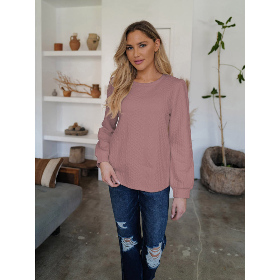 Textured Round Neck Long Sleeve Sweatshirt Dusty Pink / S Apparel and Accessories