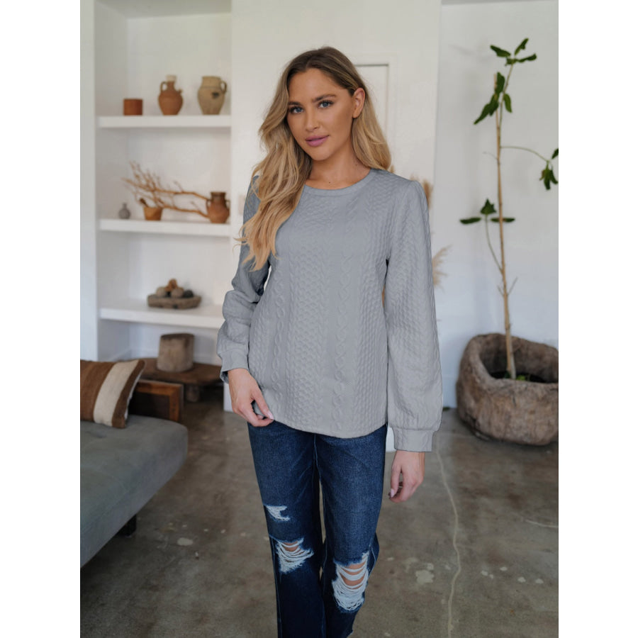 Textured Round Neck Long Sleeve Sweatshirt Gray / S Apparel and Accessories