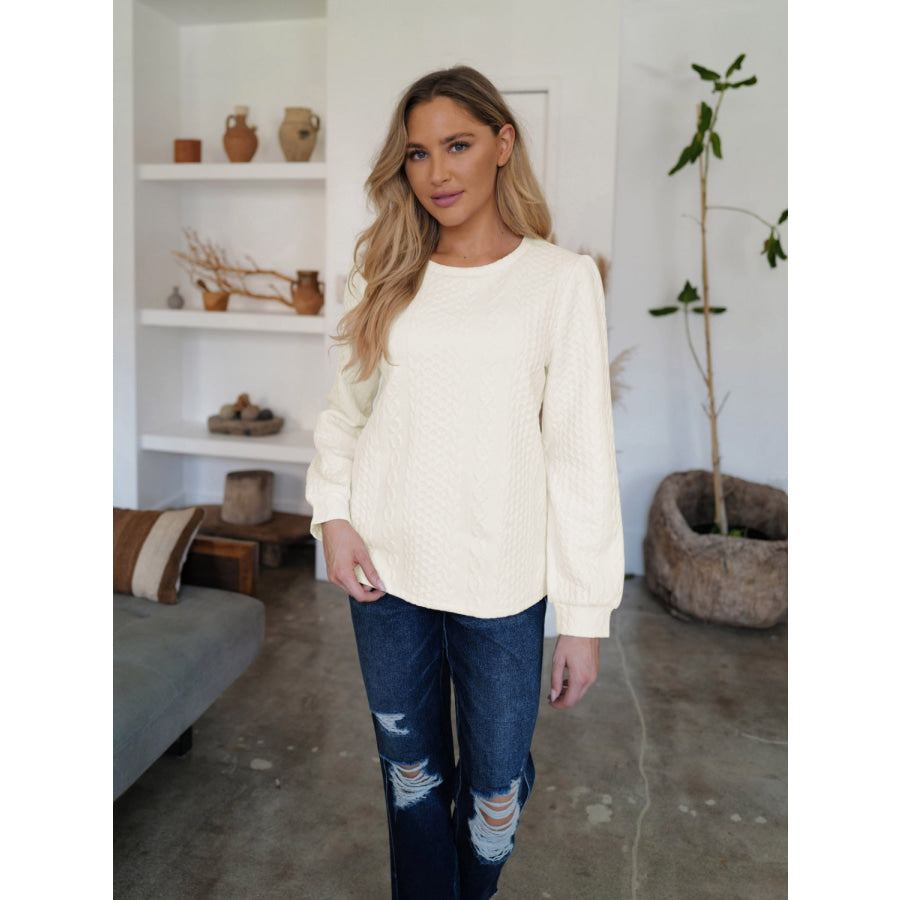 Textured Round Neck Long Sleeve Sweatshirt Ivory / S Apparel and Accessories