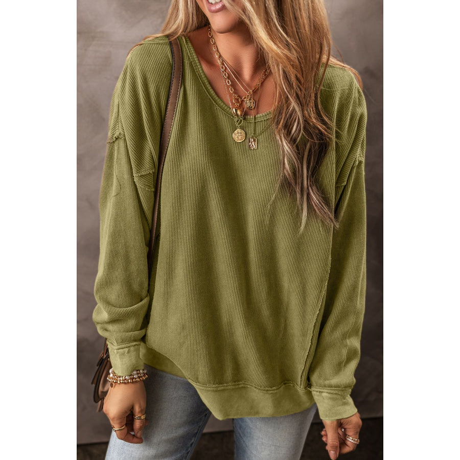 Textured Round Neck Long Sleeve Sweatshirt Matcha Green / S Apparel and Accessories