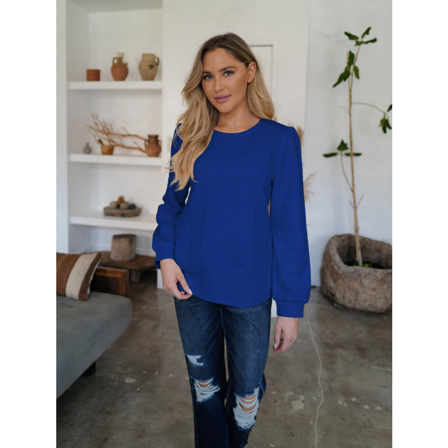 Textured Round Neck Long Sleeve Sweatshirt Royal Blue / S Apparel and Accessories