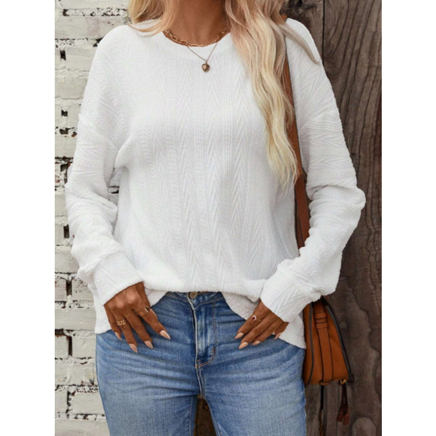 Textured Round Neck Long Sleeve T-Shirt White / S Apparel and Accessories