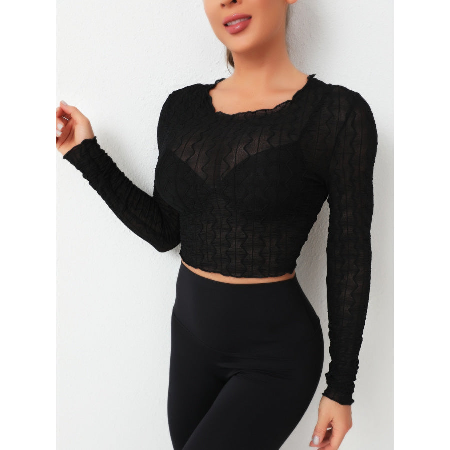 Textured Round Neck Long Sleeve Top Apparel and Accessories