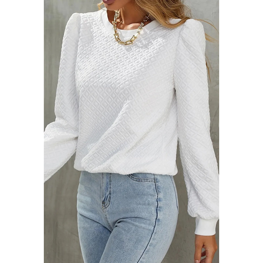 Textured Round Neck Long Sleeve Top White / S Apparel and Accessories