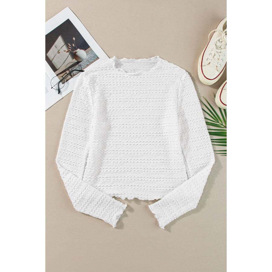 Textured Round Neck Long Sleeve Top White / S Apparel and Accessories