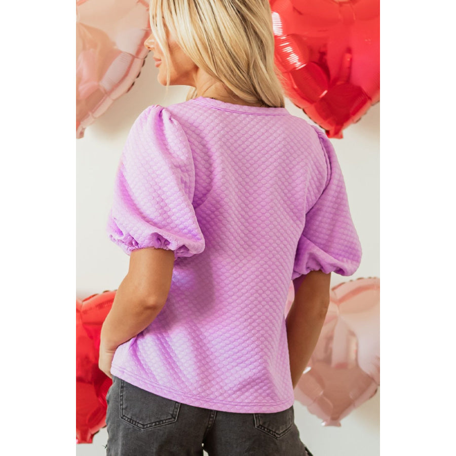 Textured Round Neck Puff Sleeve Blouse Apparel and Accessories