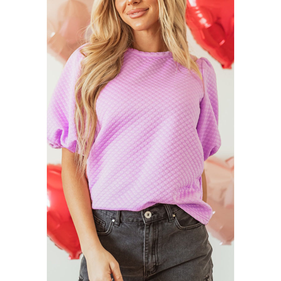 Textured Round Neck Puff Sleeve Blouse Apparel and Accessories