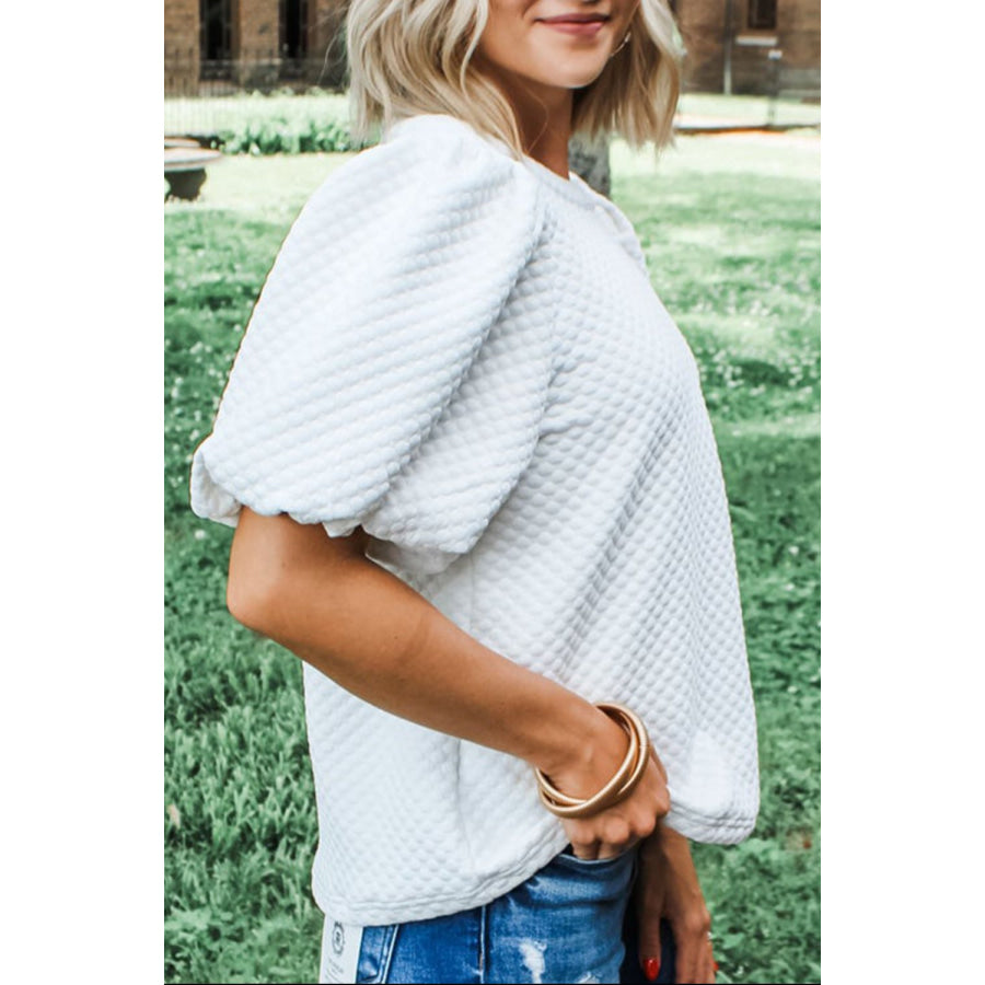 Textured Round Neck Puff Sleeve Blouse White / S Apparel and Accessories