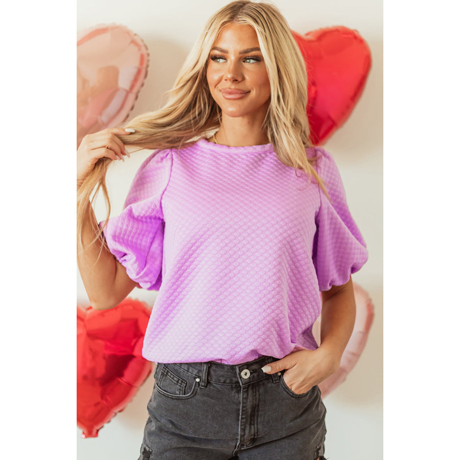 Textured Round Neck Puff Sleeve Blouse Apparel and Accessories