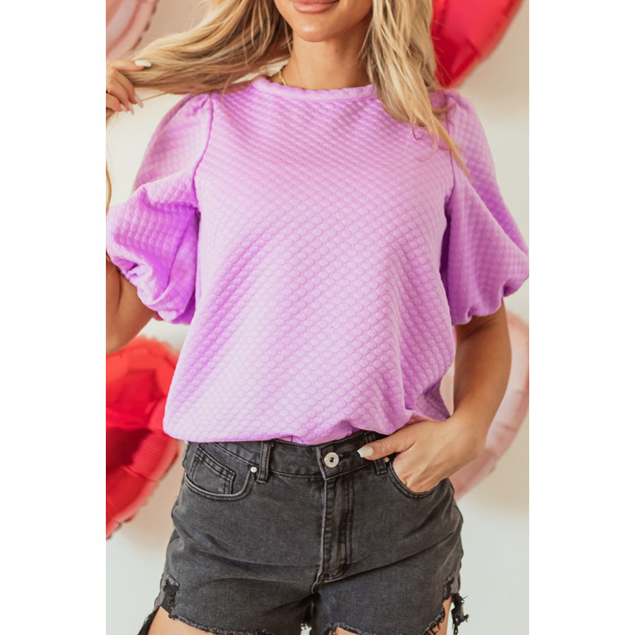 Textured Round Neck Puff Sleeve Blouse Pink Purple / S Apparel and Accessories