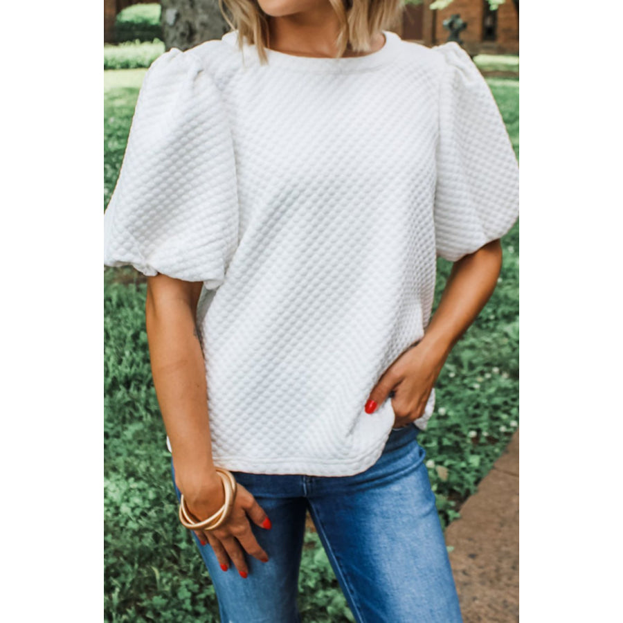 Textured Round Neck Puff Sleeve Blouse White / S Apparel and Accessories