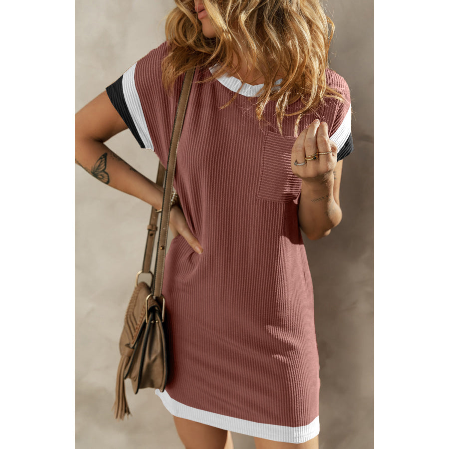 Textured Round Neck Short Sleeve Dress Chestnut / S Apparel and Accessories