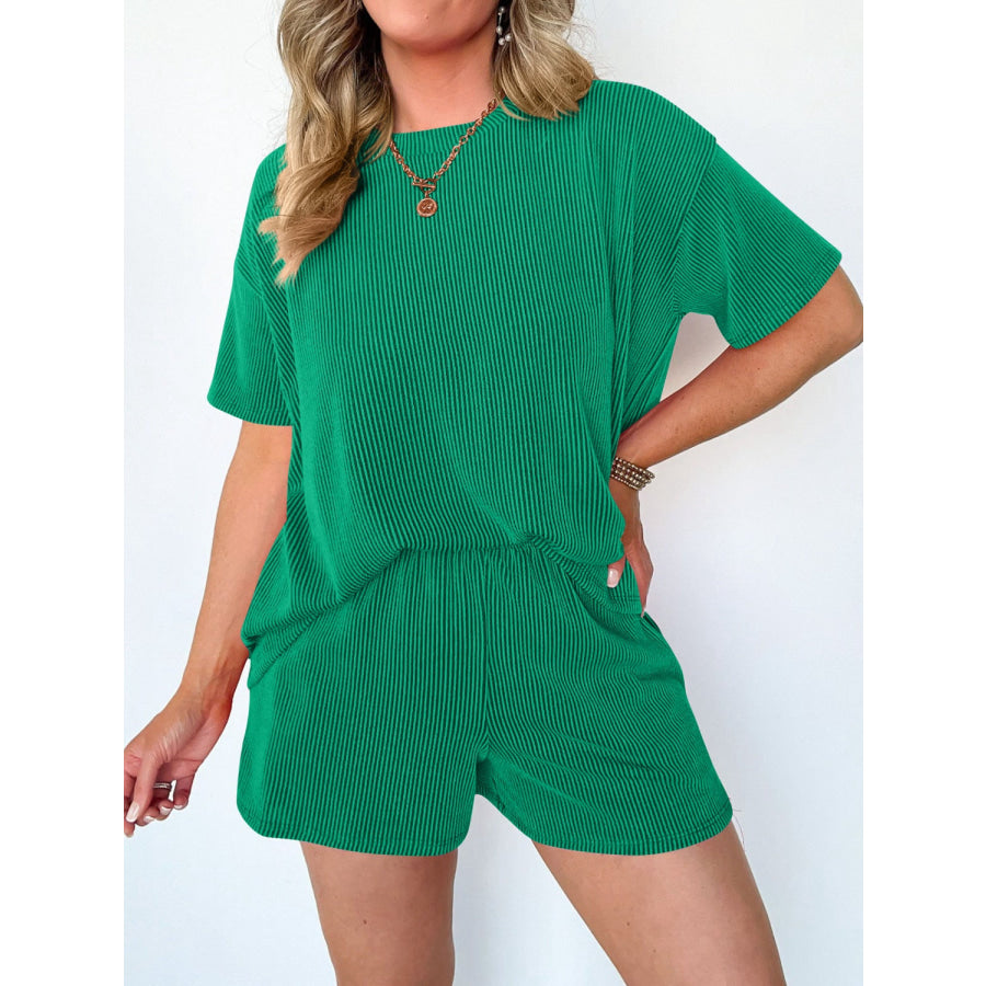 Textured Round Neck Short Sleeve Top and Shorts Set Apparel and Accessories