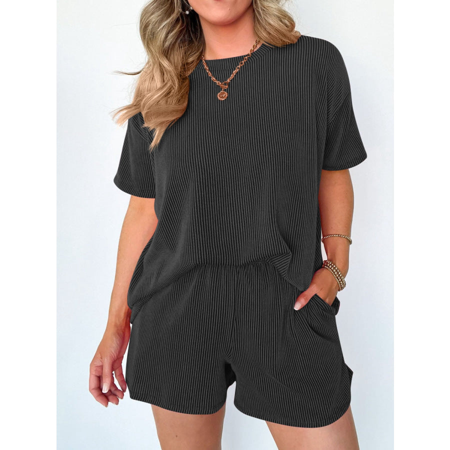 Textured Round Neck Short Sleeve Top and Shorts Set Apparel and Accessories