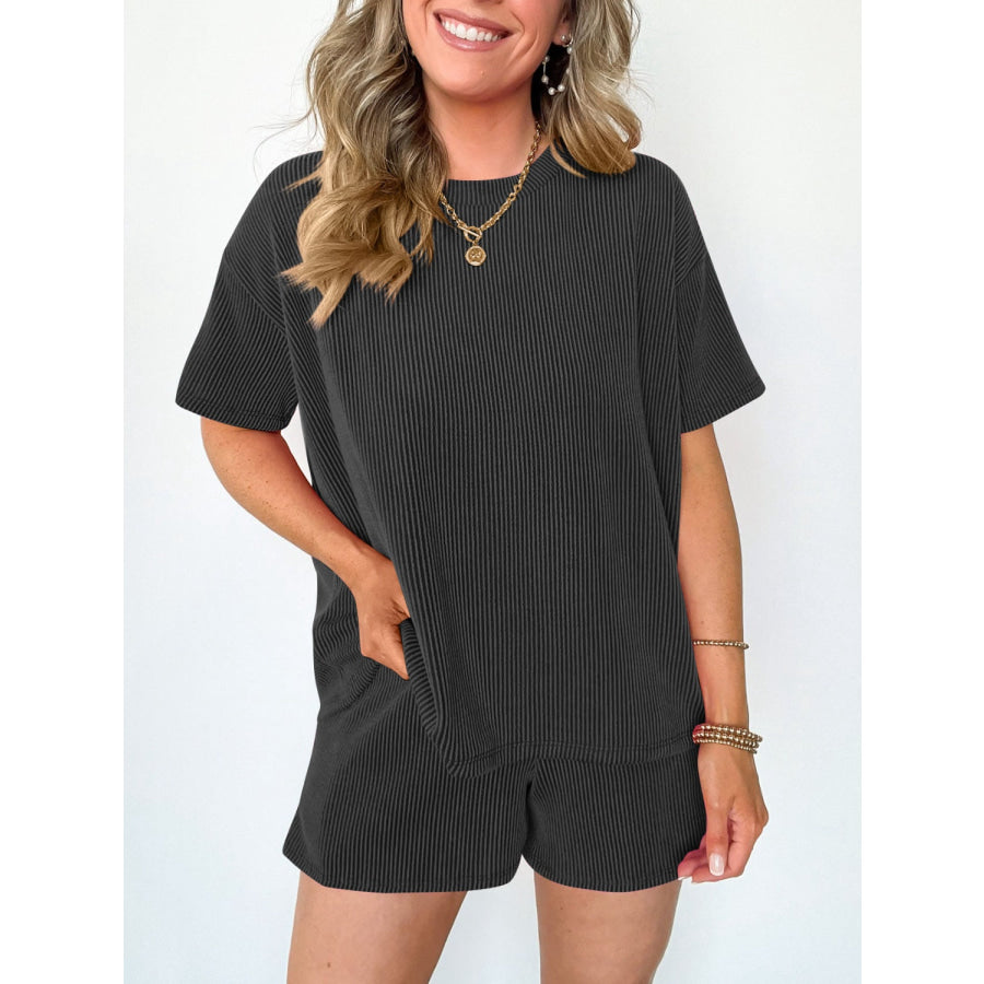 Textured Round Neck Short Sleeve Top and Shorts Set Apparel and Accessories