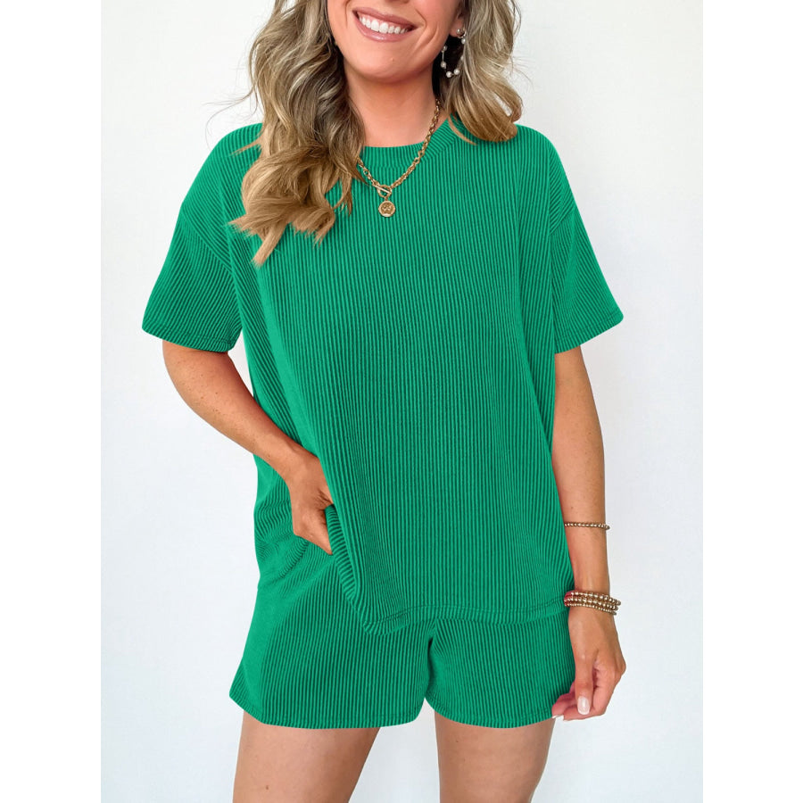 Textured Round Neck Short Sleeve Top and Shorts Set Apparel and Accessories