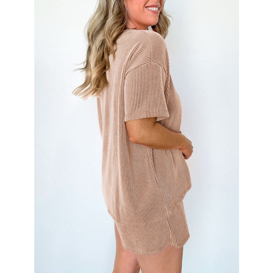 Textured Round Neck Short Sleeve Top and Shorts Set Apparel and Accessories