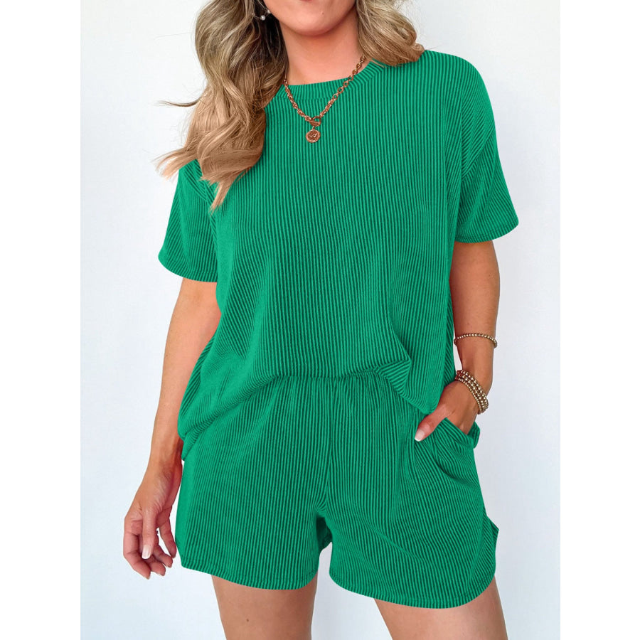 Textured Round Neck Short Sleeve Top and Shorts Set Apparel and Accessories