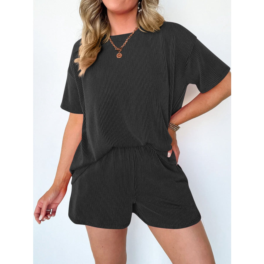 Textured Round Neck Short Sleeve Top and Shorts Set Apparel and Accessories