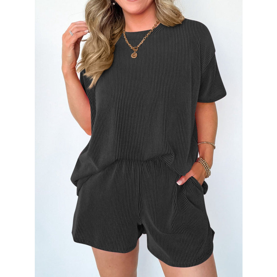 Textured Round Neck Short Sleeve Top and Shorts Set Black / S Apparel and Accessories