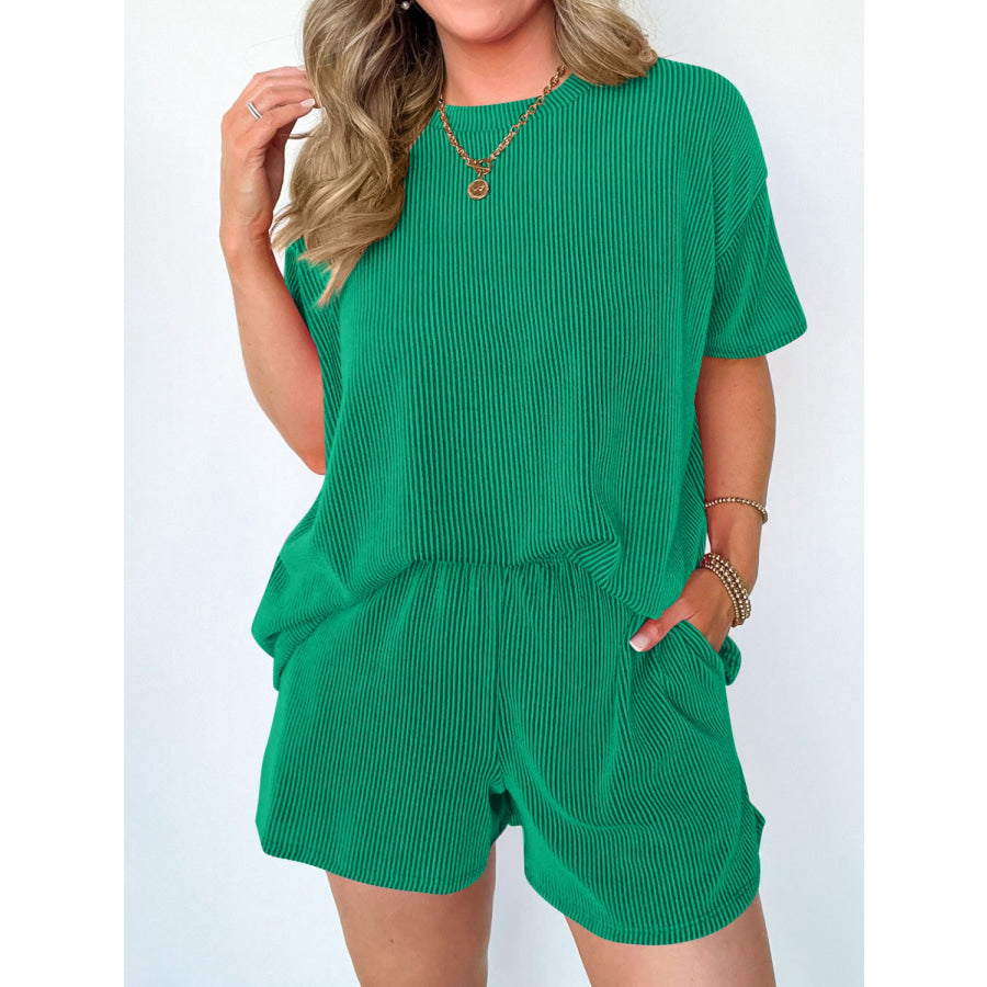 Textured Round Neck Short Sleeve Top and Shorts Set Green / S Apparel and Accessories