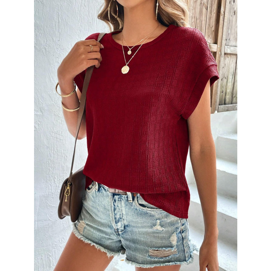 Textured Round Neck Short Sleeve Top Apparel and Accessories