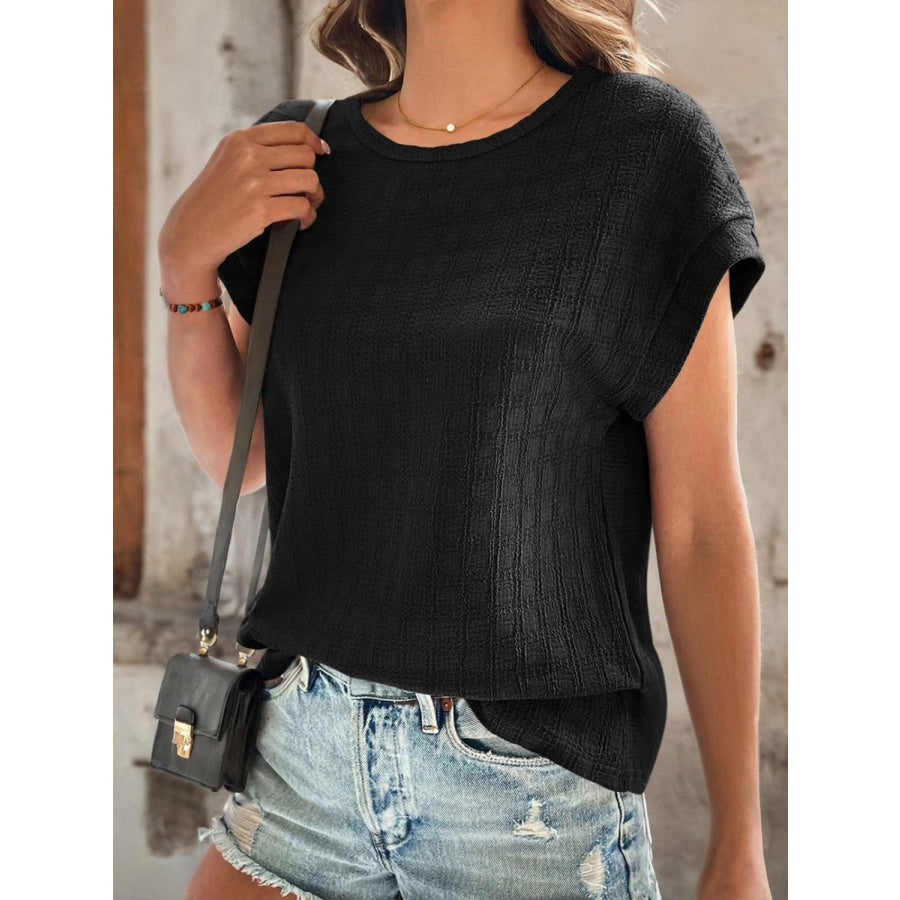 Textured Round Neck Short Sleeve Top Apparel and Accessories