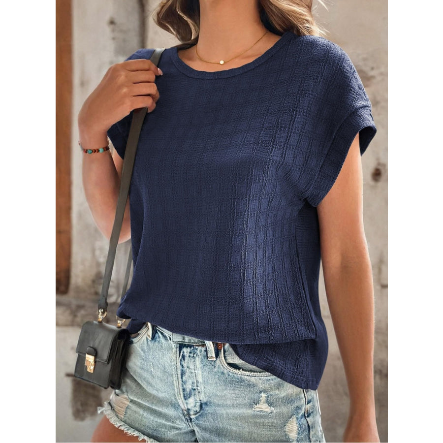 Textured Round Neck Short Sleeve Top Apparel and Accessories