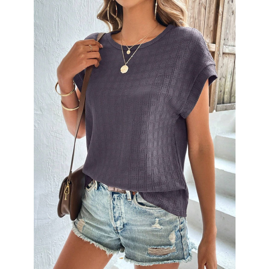 Textured Round Neck Short Sleeve Top Apparel and Accessories