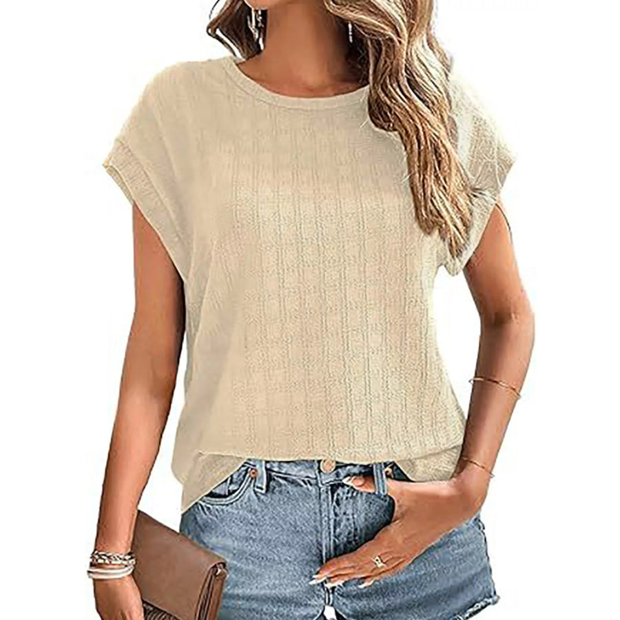 Textured Round Neck Short Sleeve Top Apricot / S Apparel and Accessories