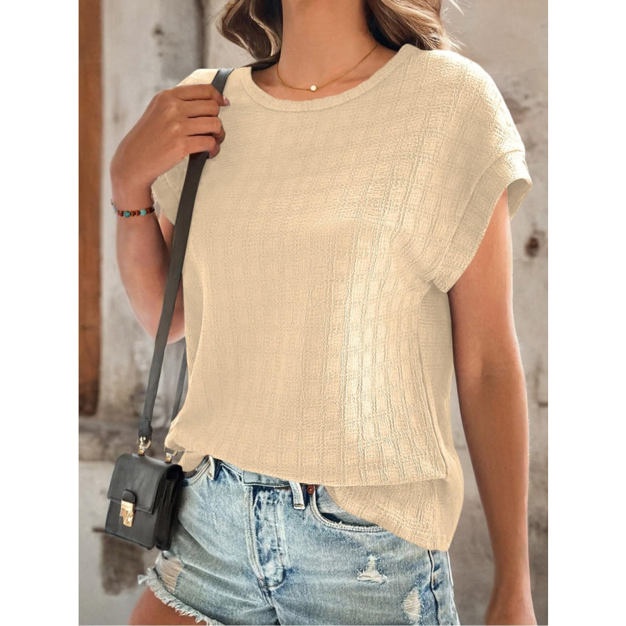 Textured Round Neck Short Sleeve Top Tan / S Apparel and Accessories