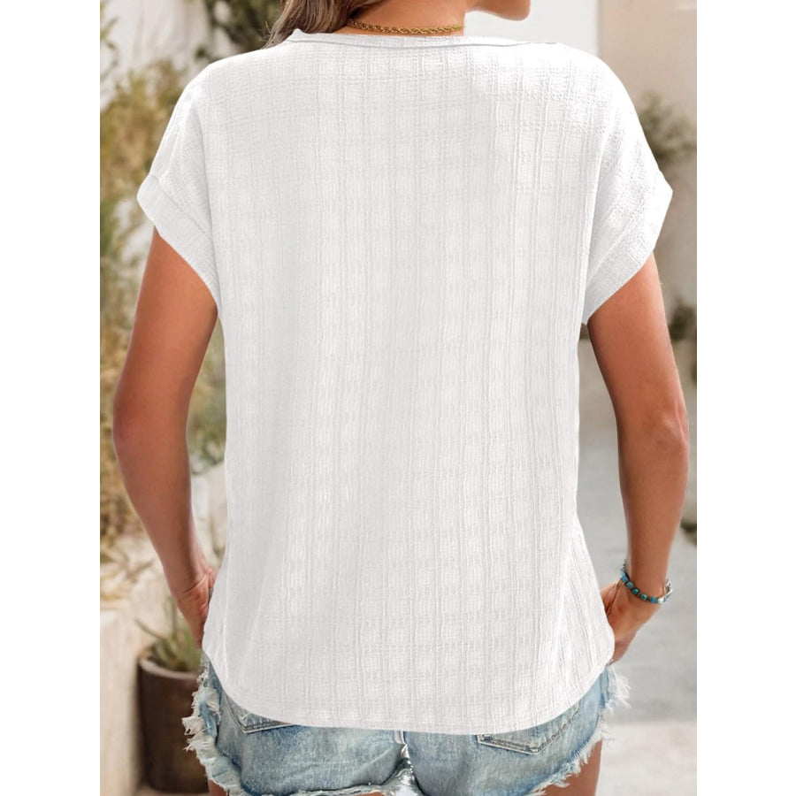 Textured Round Neck Short Sleeve Top White / S Apparel and Accessories