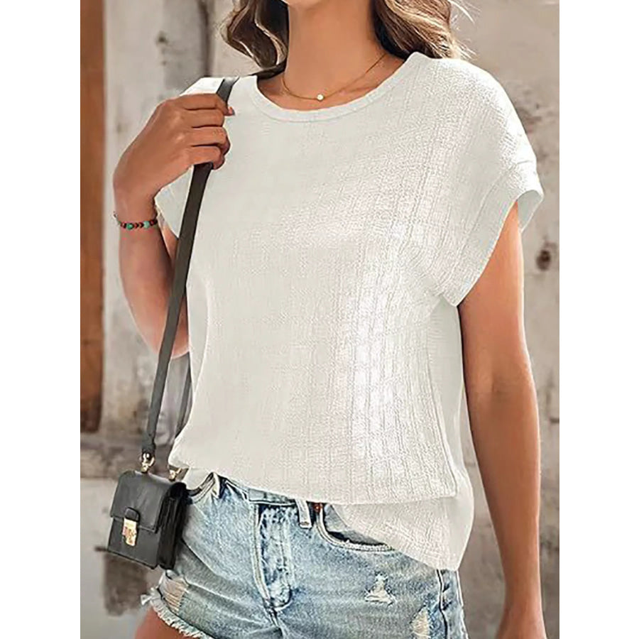 Textured Round Neck Short Sleeve Top White / S Apparel and Accessories