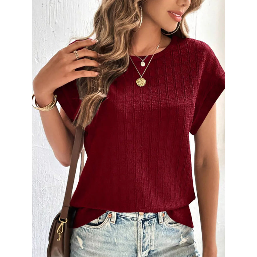 Textured Round Neck Short Sleeve Top Wine Red / S Apparel and Accessories