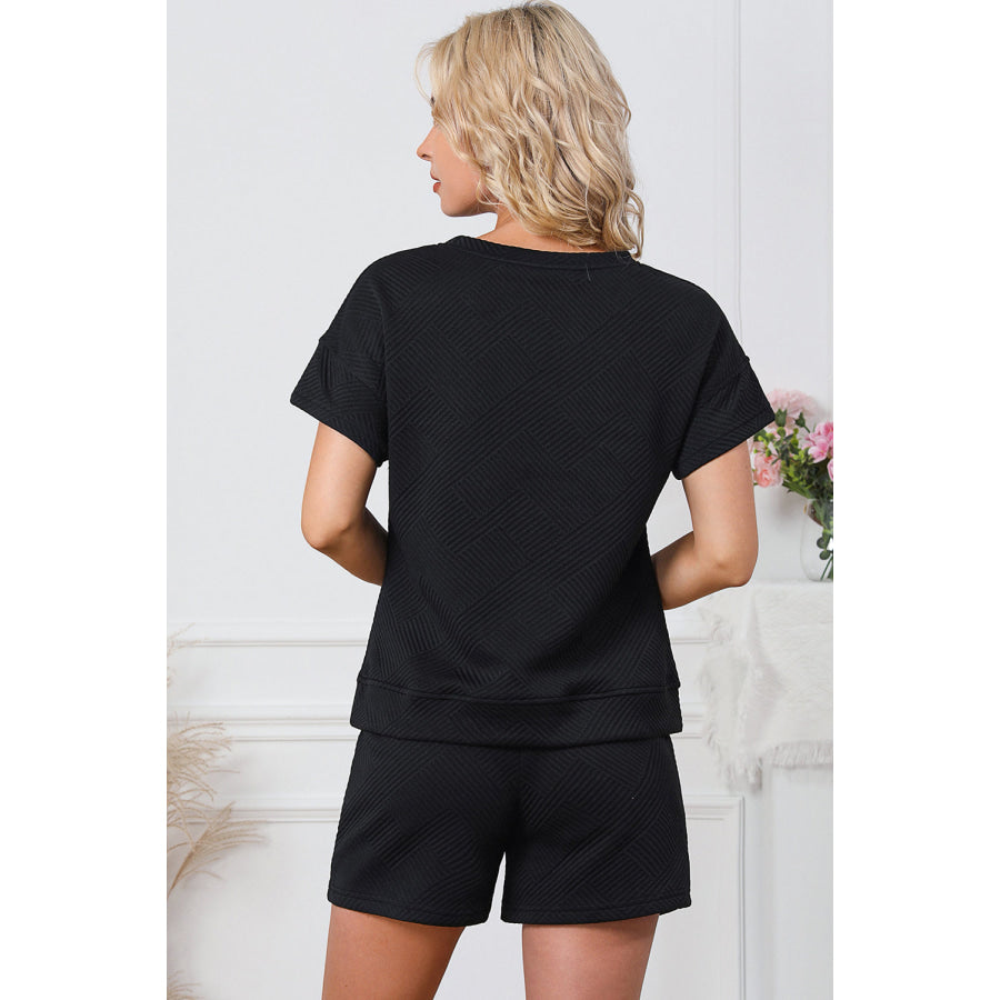Textured Round Neck T-Shirt and Shorts Set Black / S Apparel and Accessories