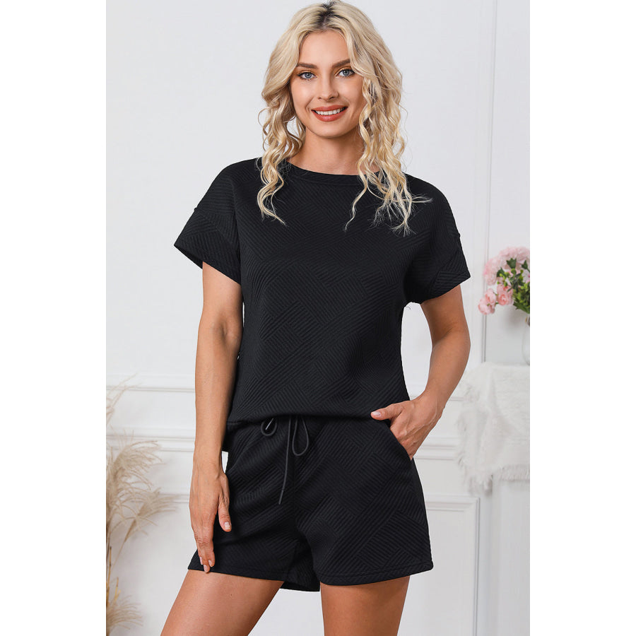 Textured Round Neck T-Shirt and Shorts Set Black / S Apparel and Accessories