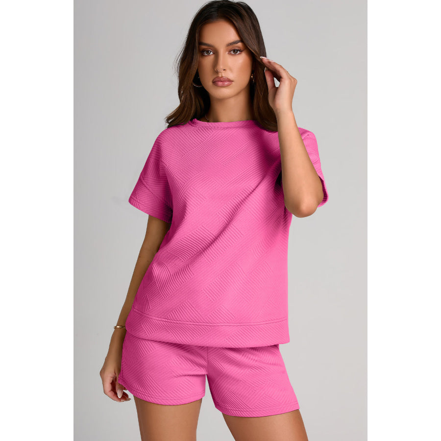 Textured Round Neck T-Shirt and Shorts Set Fuchsia Pink / L Apparel and Accessories