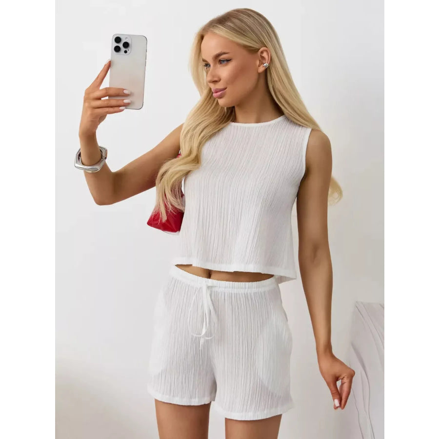 Textured Round Neck Tank and Shorts Set Apparel and Accessories