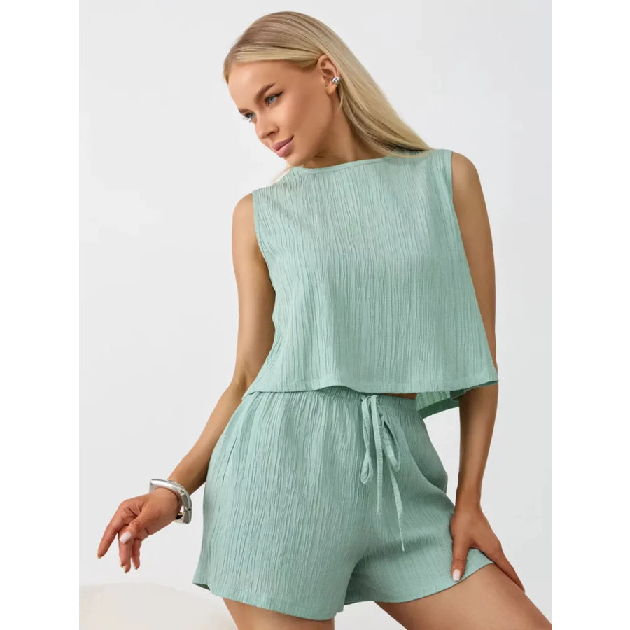 Textured Round Neck Tank and Shorts Set Apparel and Accessories