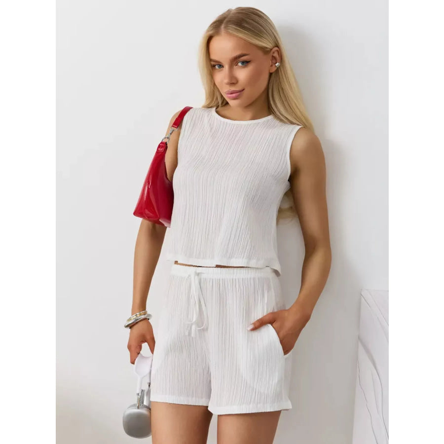 Textured Round Neck Tank and Shorts Set Apparel and Accessories