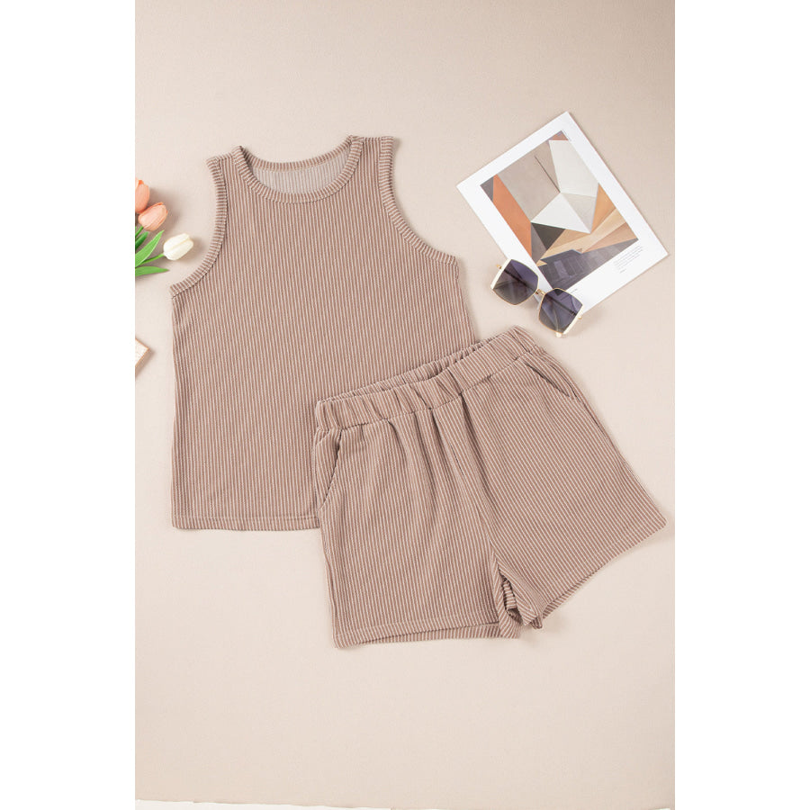 Textured Round Neck Tank and Shorts Set Apparel Accessories