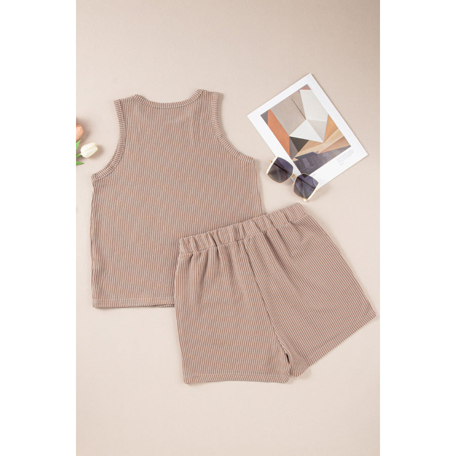 Textured Round Neck Tank and Shorts Set Apparel Accessories