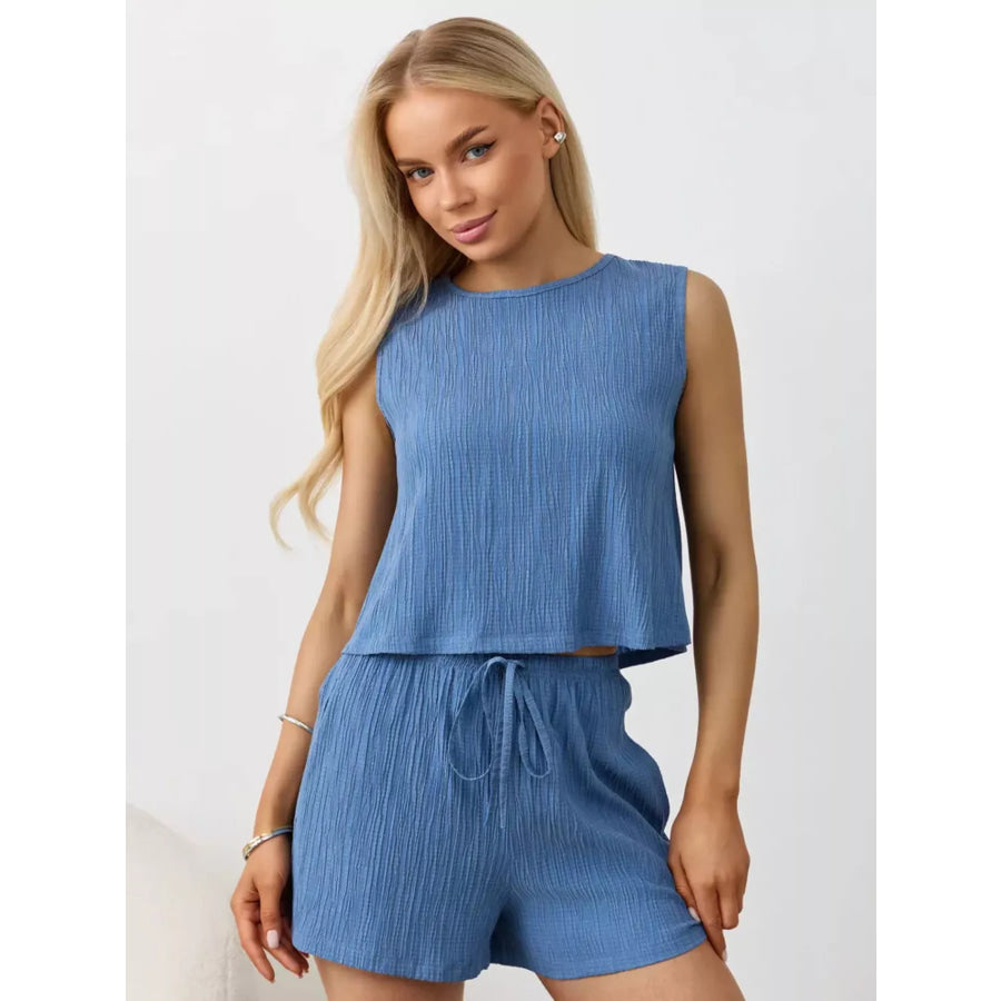Textured Round Neck Tank and Shorts Set Apparel and Accessories