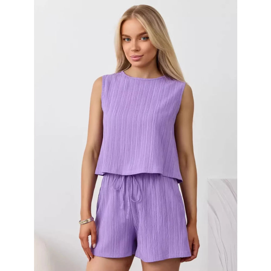 Textured Round Neck Tank and Shorts Set Apparel and Accessories