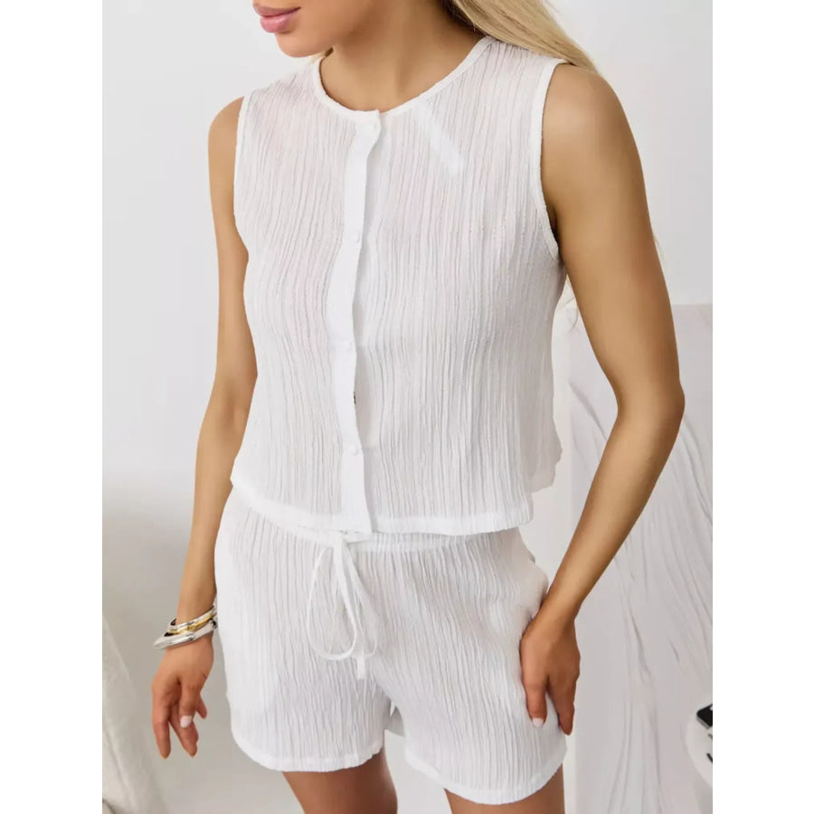 Textured Round Neck Tank and Shorts Set White / S Apparel and Accessories