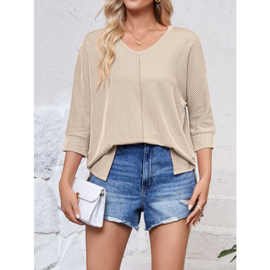 Textured Round Neck Three-Quarter Sleeve Blouse Apparel and Accessories