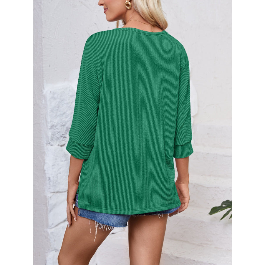 Textured Round Neck Three-Quarter Sleeve Blouse Apparel and Accessories