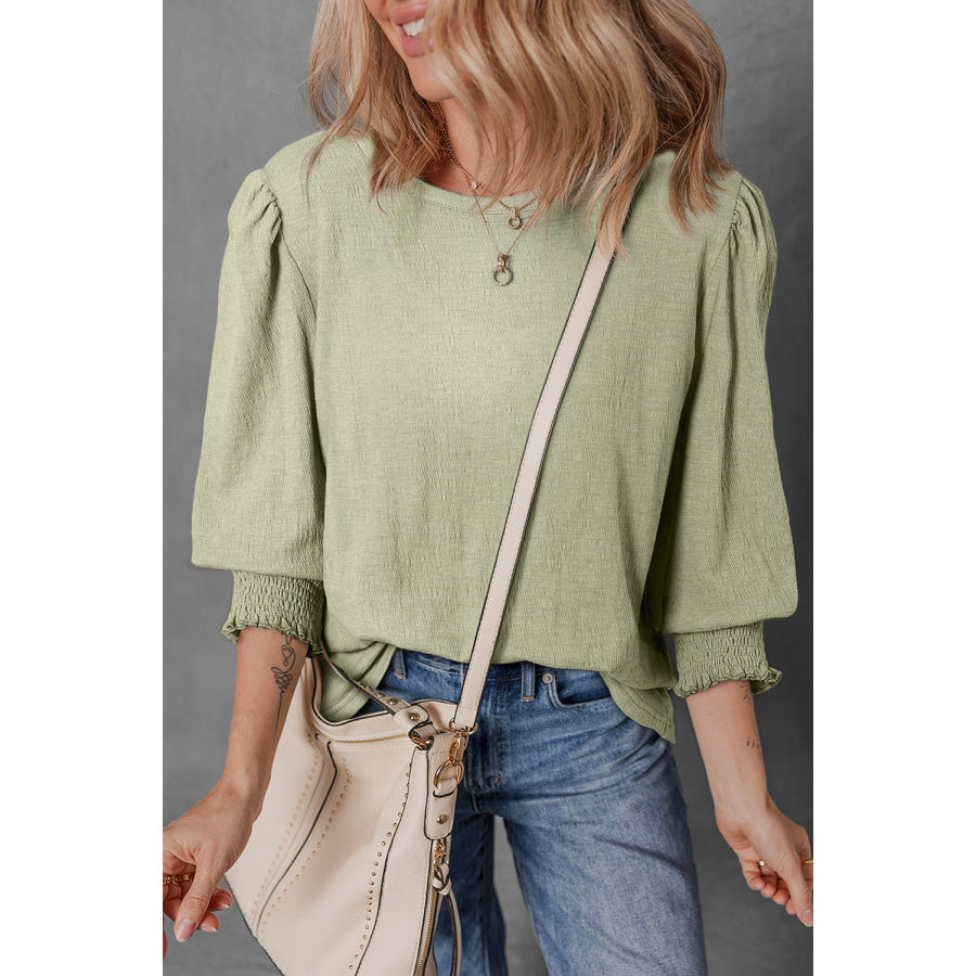 Textured Round Neck Three-Quarter Sleeve Blouse Apparel and Accessories