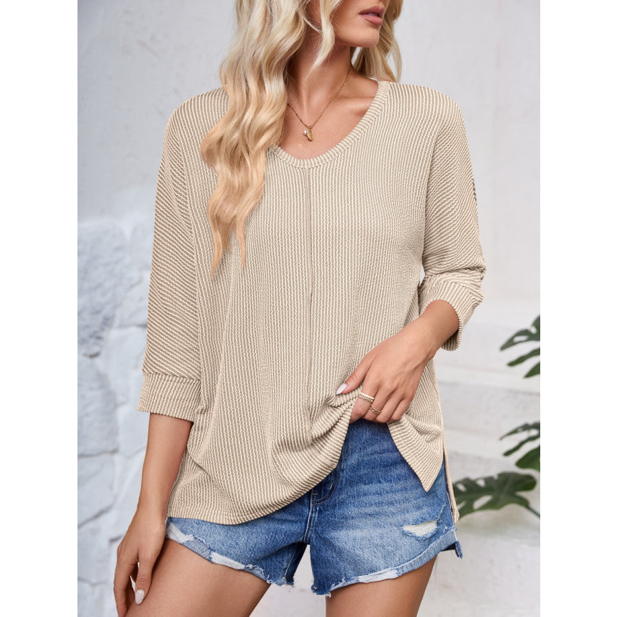 Textured Round Neck Three-Quarter Sleeve Blouse Apparel and Accessories